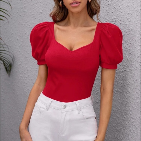 Red puff sleeve V neck blouse - Picture 4 of 5